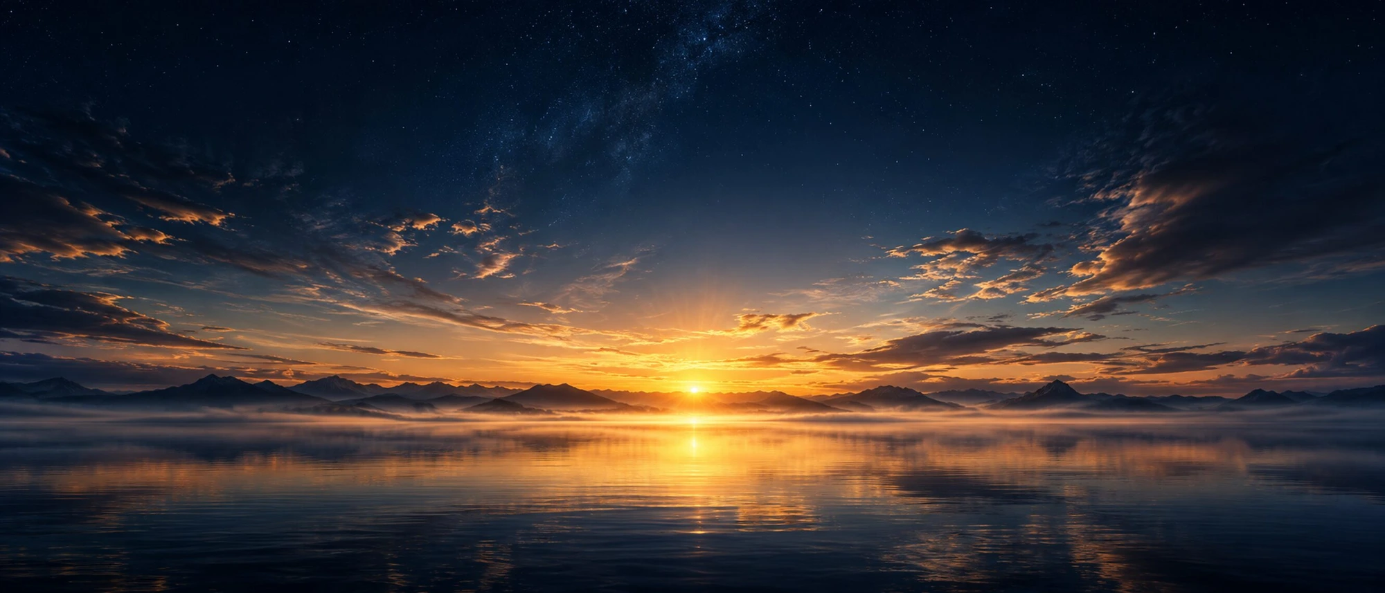 Golden sunset on the horizon over still water under a starlit sky
