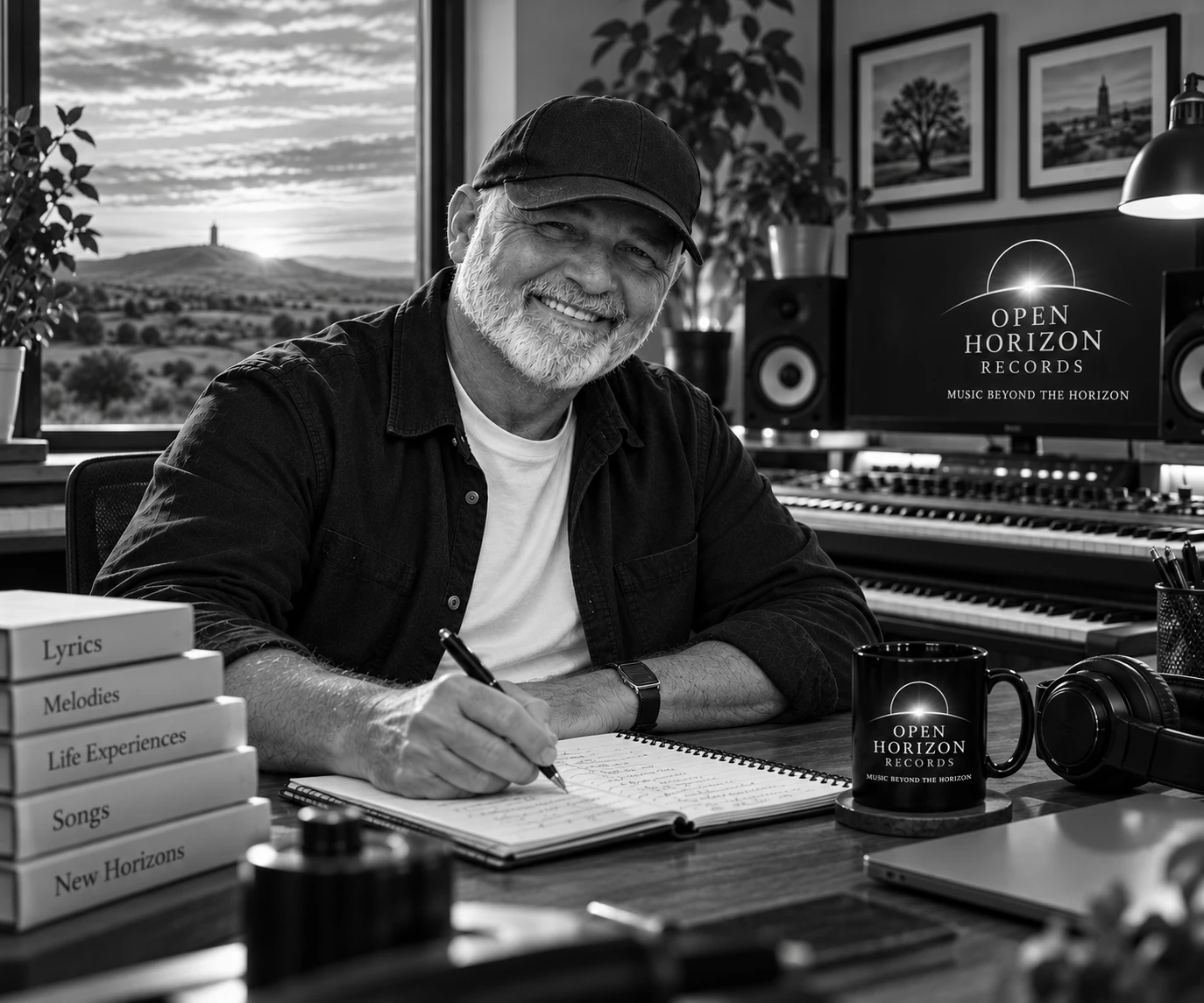 Mike, founder of Open Horizon Records, writing lyrics in his studio